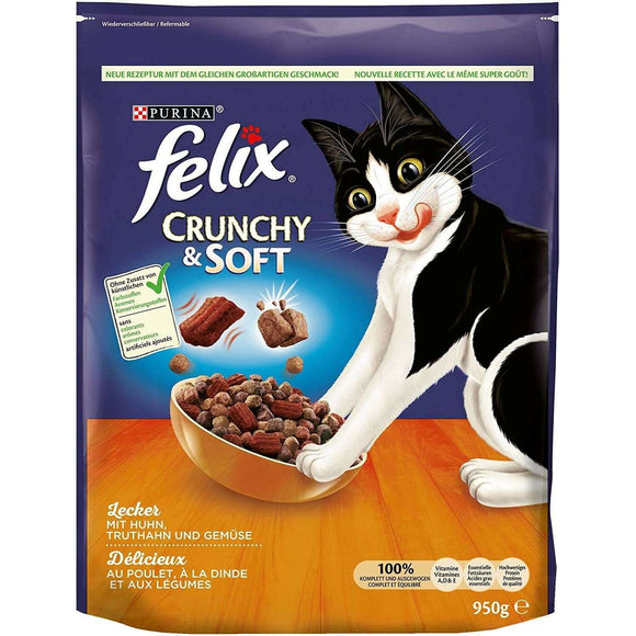 Spar King-Felix Crunchy & Soft Huhn Truthahn Gemüse Katzenfutter Trockenfutter 4 x 950 g