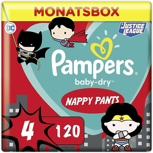 Spar King-Pampers Baby-Dry Pants Superhelden Edition Größe 4 9kg-15kg Monatsbox 120 Stück